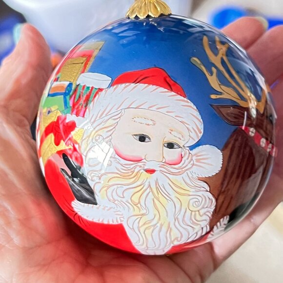 Vtg 2001 Li Bien Reverse Painted Glass Ornament Santa Reindeer Gifts Velvet Box - Picture 1 of 13